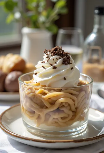 Puré de castanha decorado com chantilly e raspas de chocolate
