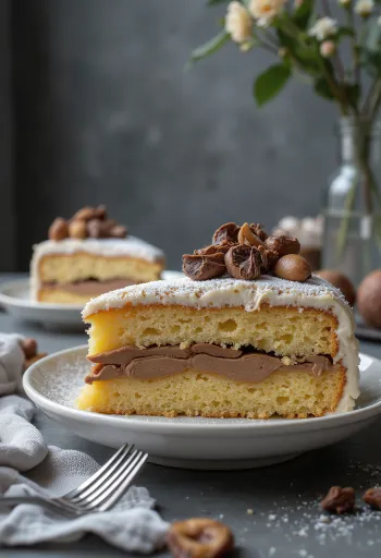 Fatia de bolo de castanha decorada com chocolate