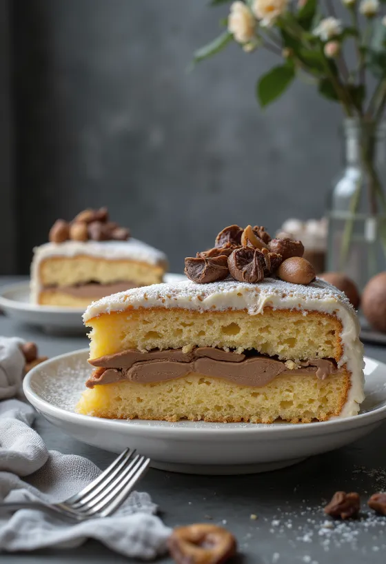 Fatia de bolo de castanha decorada com chocolate