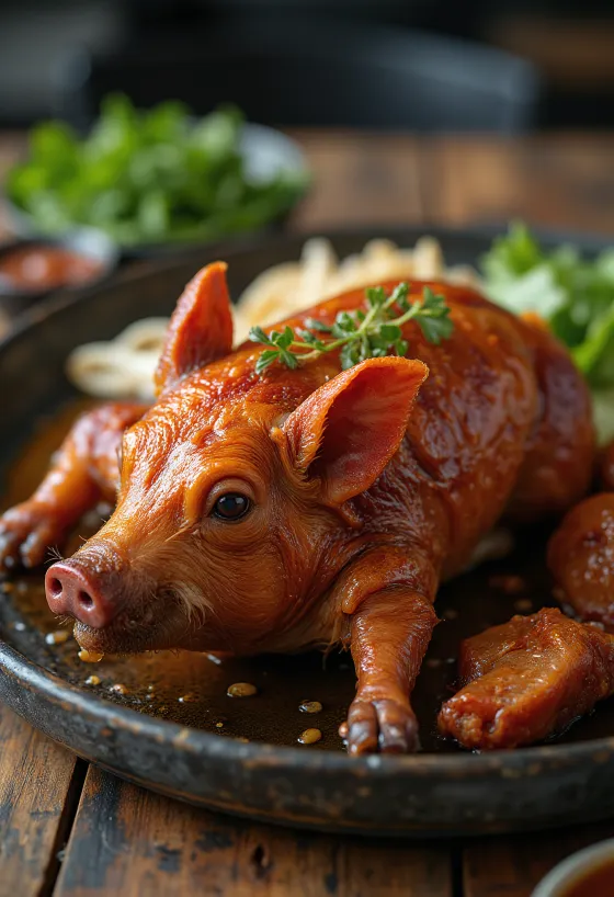 Lechon, leitão assado com pele estaladiça servido