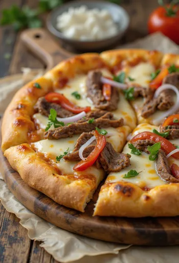 Philly cheesesteak pizza com fatias de bife e pimento