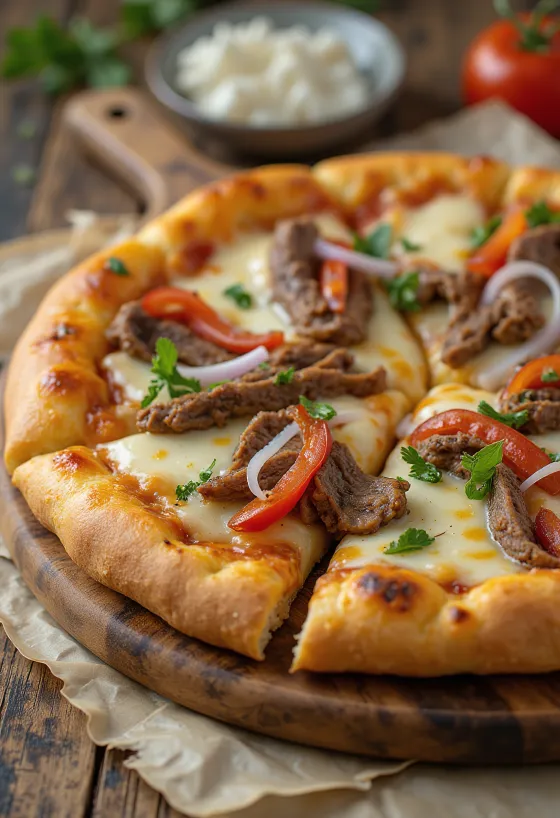 Philly cheesesteak pizza com fatias de bife e pimento