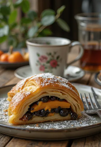 Strudel de abóbora e sementes de papoila assado até dourar, polvilhado com açúcar em pó