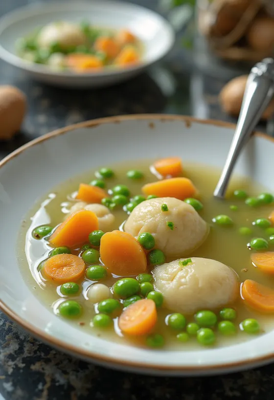 Sopa de ervilhas fresca com legumes estaladiços e salsa