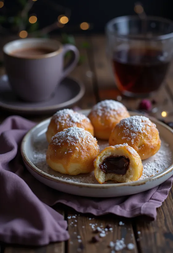Æbleskiver recém-assado servido com creme de chocolate e açúcar em pó