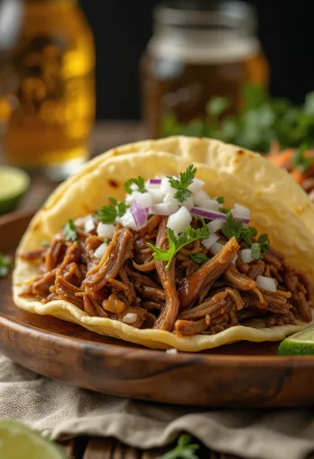 Carne de barbacoa desfiada servida em tortilhas