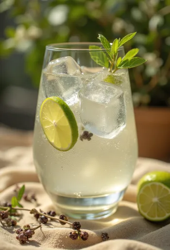 Gin Tónico decorado com fatias de lima e cubos de gelo