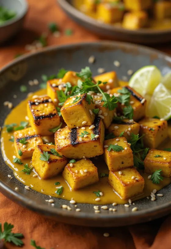 Tofu grelhado com tahini de caril