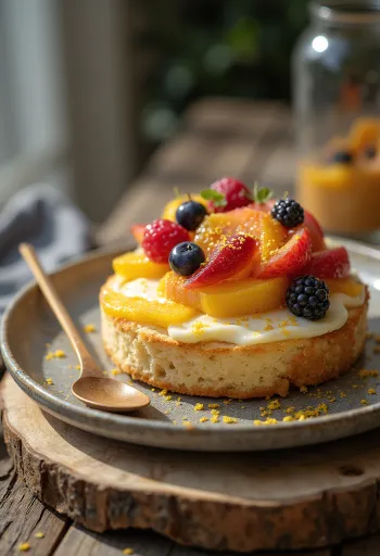 Bolo de requeijão com frutas servido fatiado