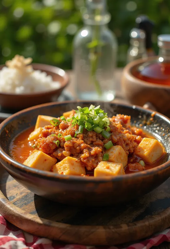 Mapo Tofu, tofu de Sichuan com carne de porco picada e molho picante