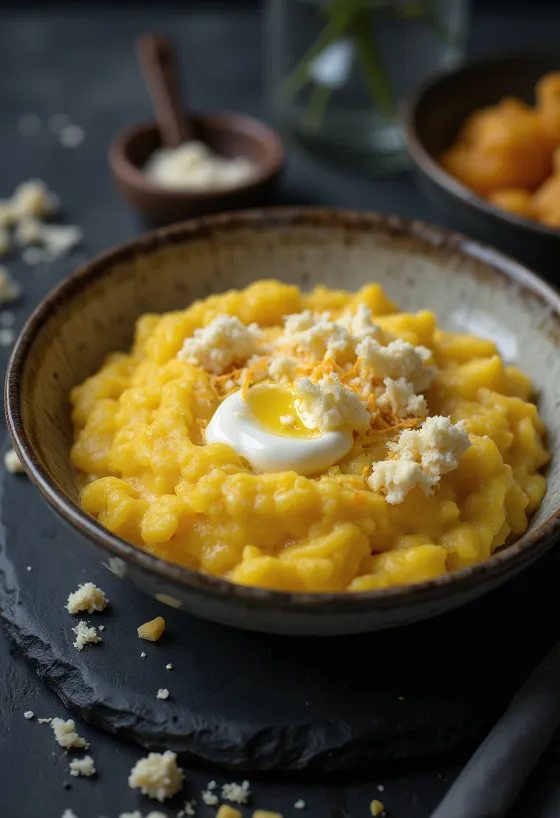 Polenta acabada de fazer, cremosa, servida com manteiga e queijo, numa tábua de madeira.