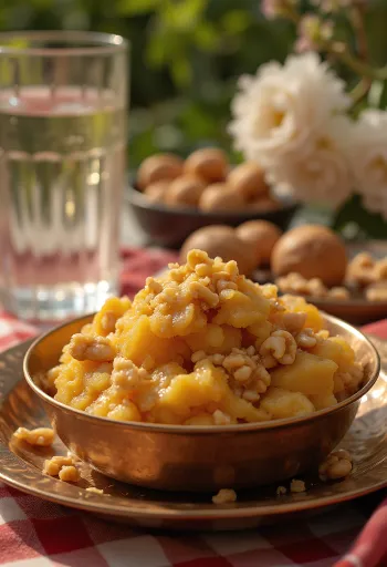 Aate ka Halwa com ricos sabores picantes, noz torrada e água de rosas.