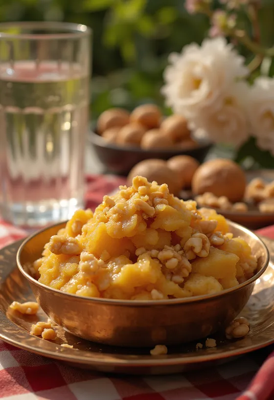 Aate ka Halwa com ricos sabores picantes, noz torrada e água de rosas.