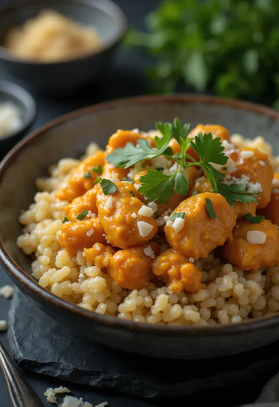 Ají de gallina frango com guarnição de quinoa, servido com coentro