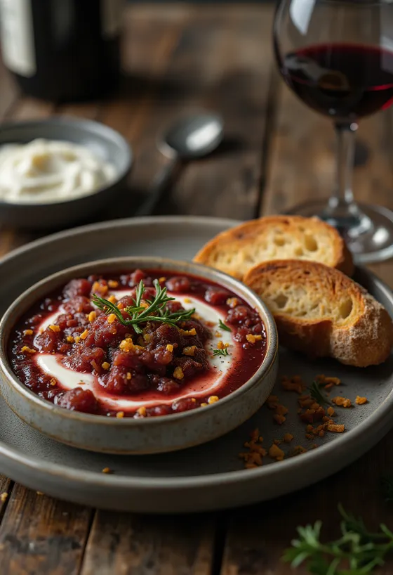 Bagna cauda com vinho tinto, molho de peixe com alho, servido com salsa