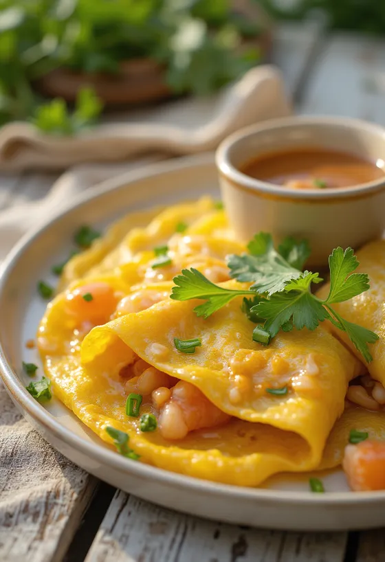 Bánh xèo vietnamita autêntico com massa estaladiça e legumes frescos