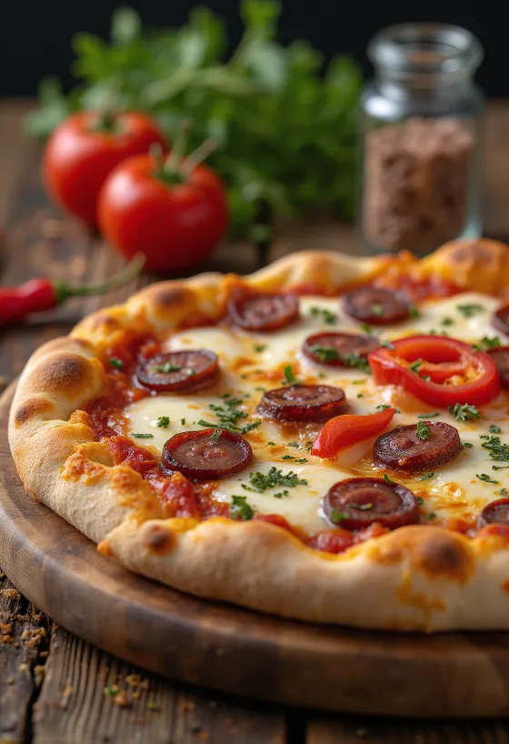 Pizza Diavola com fatias de chouriço e chili fresco