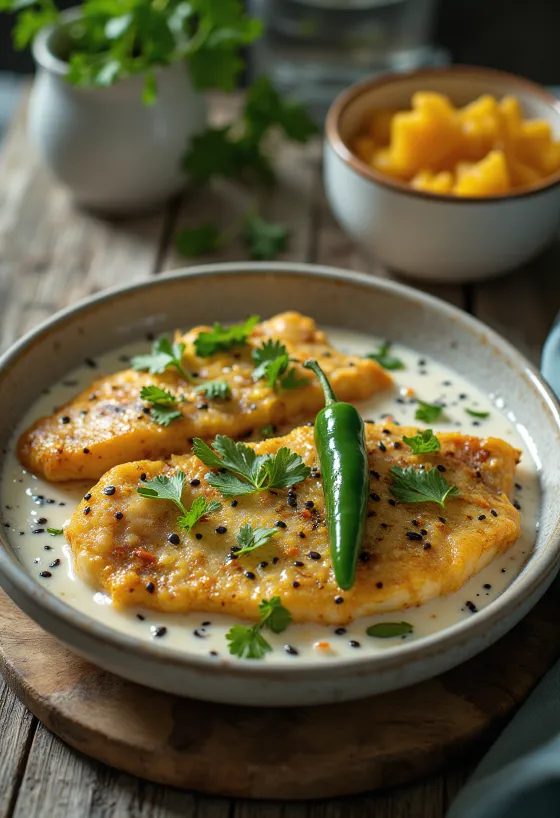Doi Ilish com sementes de nigela, servido com molho de iogurte, com coentros frescos.