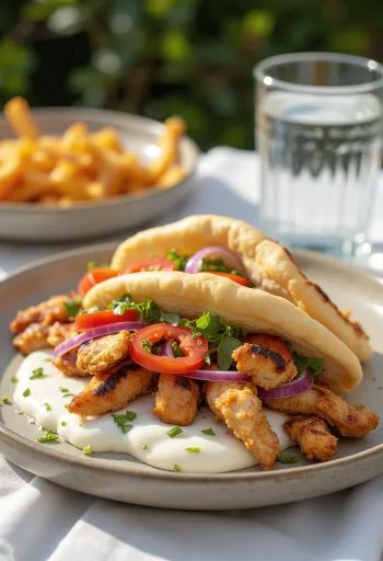 Gyros de frango servido em pão pita