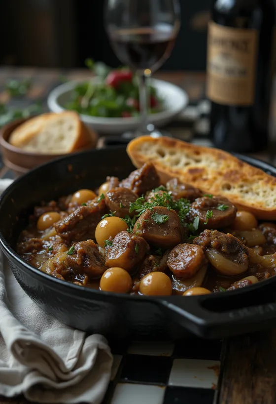 Bife Bourguignon, estufado de carne em vinho tinto servido com legumes cozidos