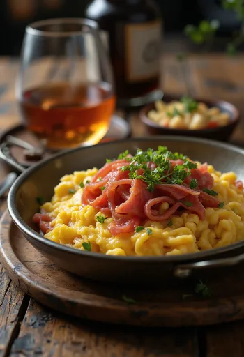 Menemen Clássico com pastirma, pequeno-almoço turco com ovos, pimento e tomate