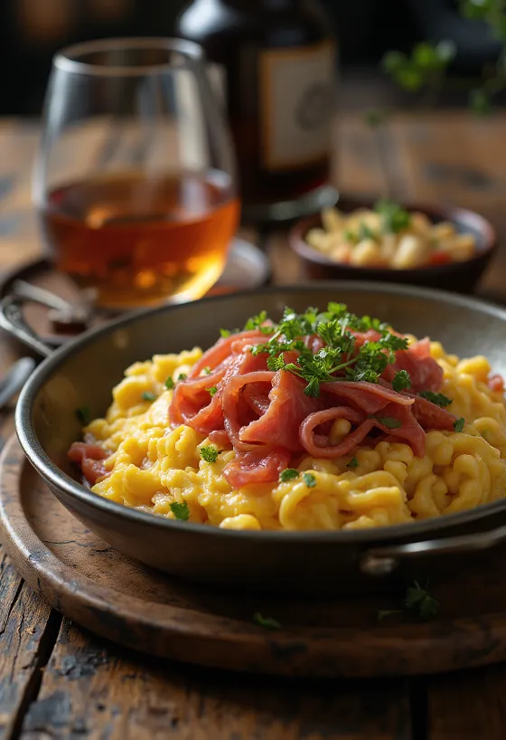 Menemen Clássico com pastirma, pequeno-almoço turco com ovos, pimento e tomate