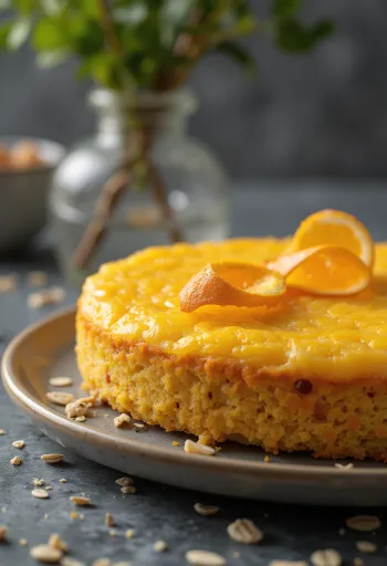 Bolo de aveia e laranja fatiado e servido