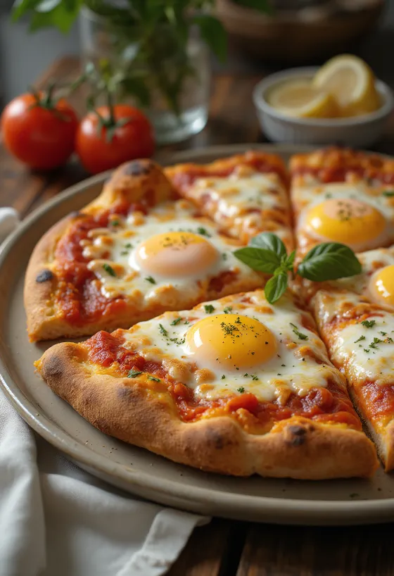 Pizza a Caballo com ovo estrelado, massa grossa e mozzarella