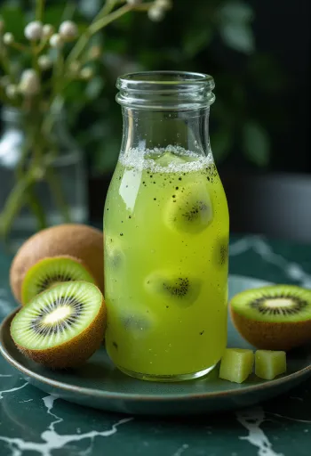 Kombucha probiótico de Kiwi, servido com fruta kiwi fresca e lima
