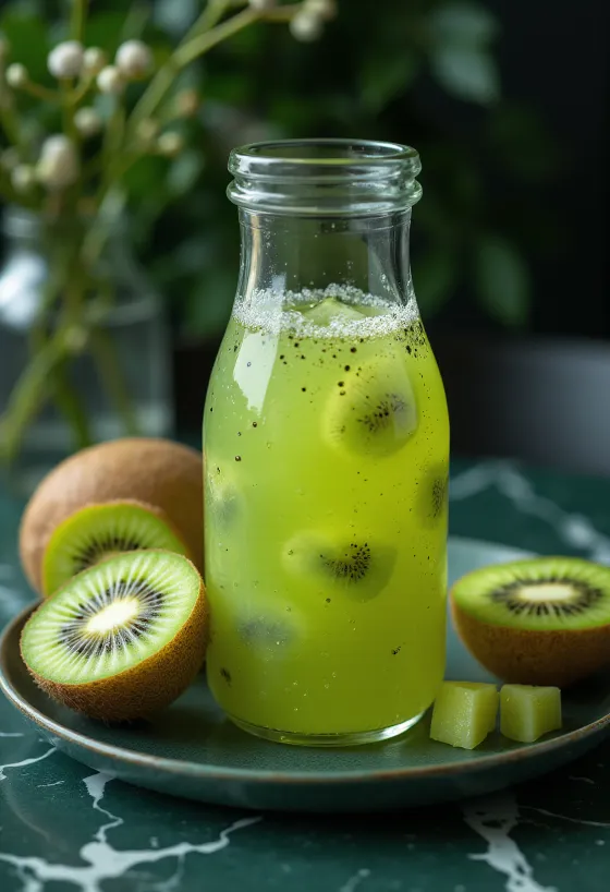 Kombucha probiótico de Kiwi, servido com fruta kiwi fresca e lima