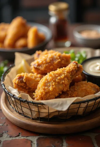 Asas de frango panadas fritas até dourar, servidas com legumes frescos e molho.