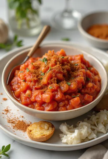 Molho de tomate com pimentão e alecrim numa tigela, decorado com alecrim fresco e pimentão.