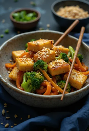 Tigela de tofu com legumes assados servida