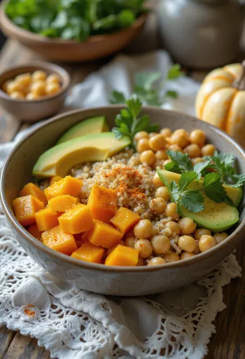 Buddha bowl de abóbora com legumes frescos e quinoa