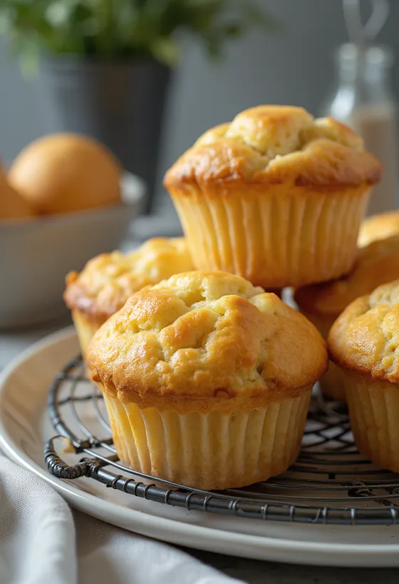 Muffin de queijo quark fofo assado até dourar, polvilhado com baunilha e açúcar em pó