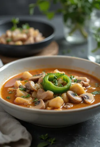 Sopa Bakonyi servida com vegetais ricos e carne fumada