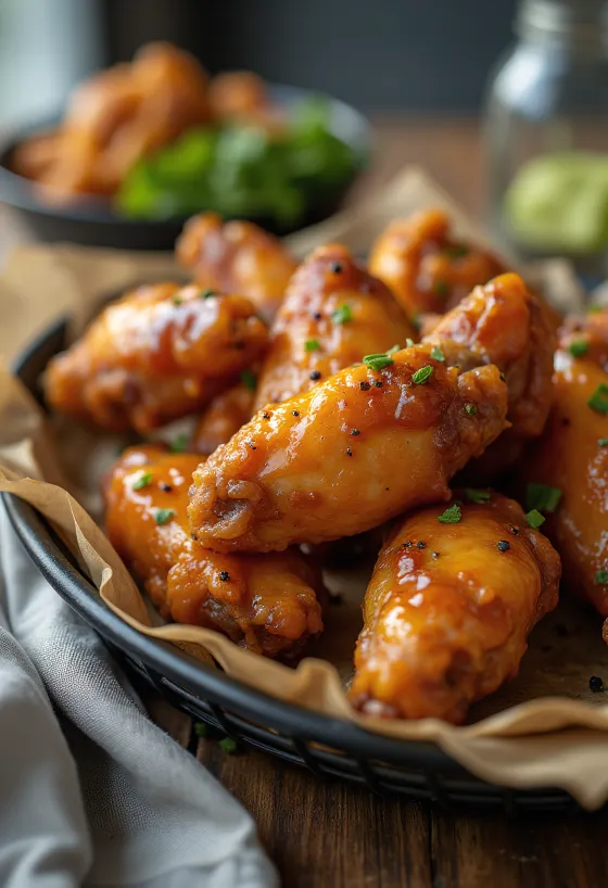 Asas de frango BBQ com molho de mel e mostarda servidas