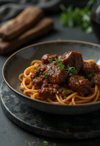 Massa servida com ragu de bochecha de vaca escuro