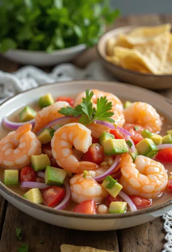 Ceviche de camarão, camarão marinado em sumo de lima, com tomate e abacate