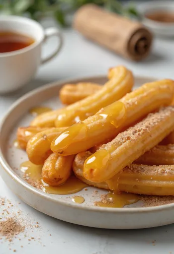 Churros com mel, churros dourados servidos com molho de mel