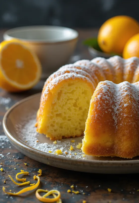 Kuglof de limão e laranja fatiado e servido