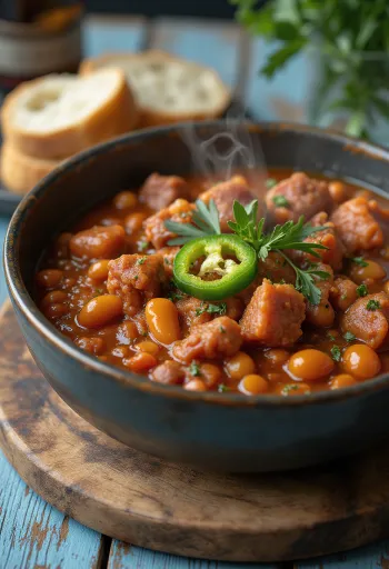 Goulash de feijão tradicional húngaro servido ricamente com legumes e pedaços de carne, decorado com natas azedas e salsa