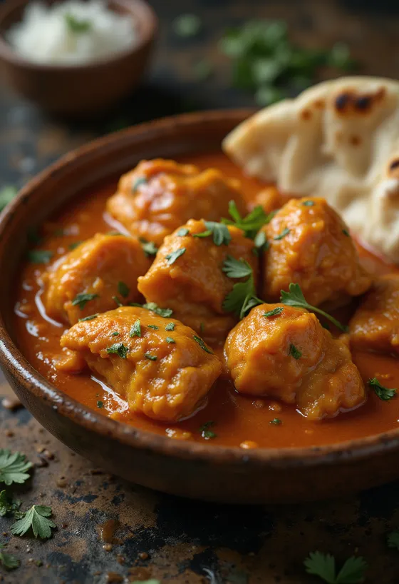 Frango tikka masala em molho cremoso de tomate, decorado com coentros frescos
