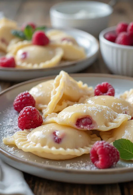 Ravioli de chocolate branco e framboesa servido
