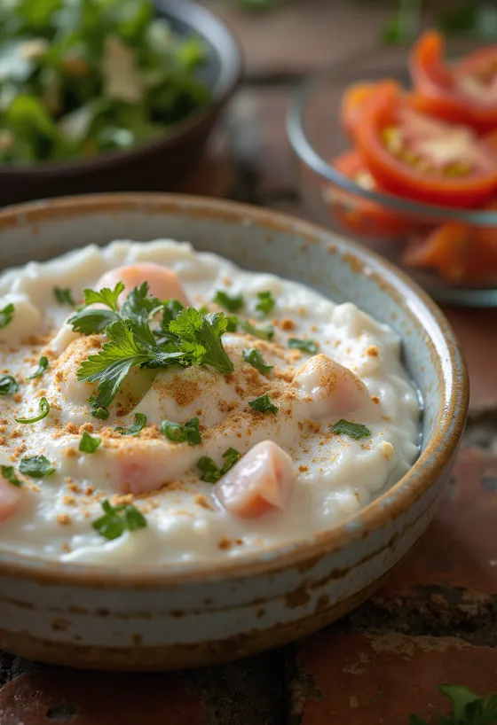 Raita de tomate fresca decorada com iogurte e coentros
