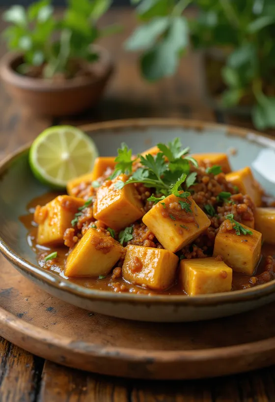 Rendang vegan com tofu, servido com coentros frescos e lima
