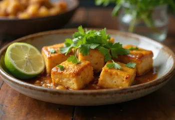 Rendang vegan com tofu, servido com coentros frescos e lima