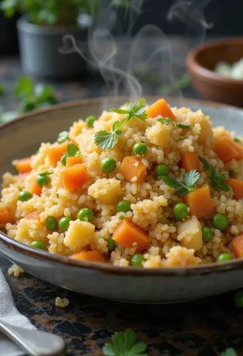 Pilaf de bulgur com legumes, servido