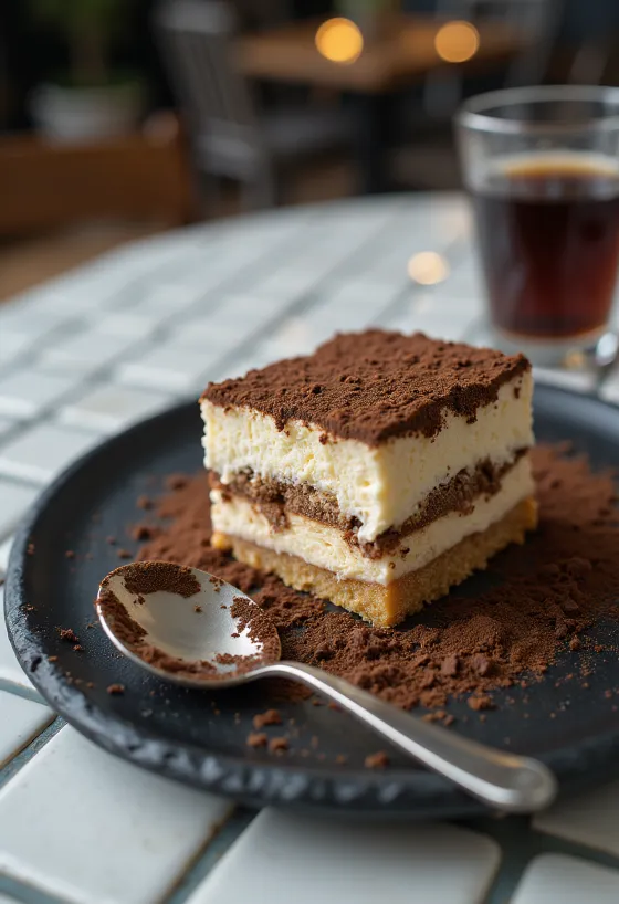 Bolo tiramisu leve polvilhado com cacau