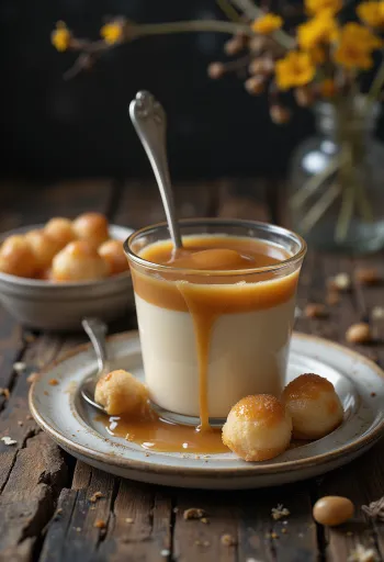Pudim de caramelo com natas batidas e cobertura de caramelo.